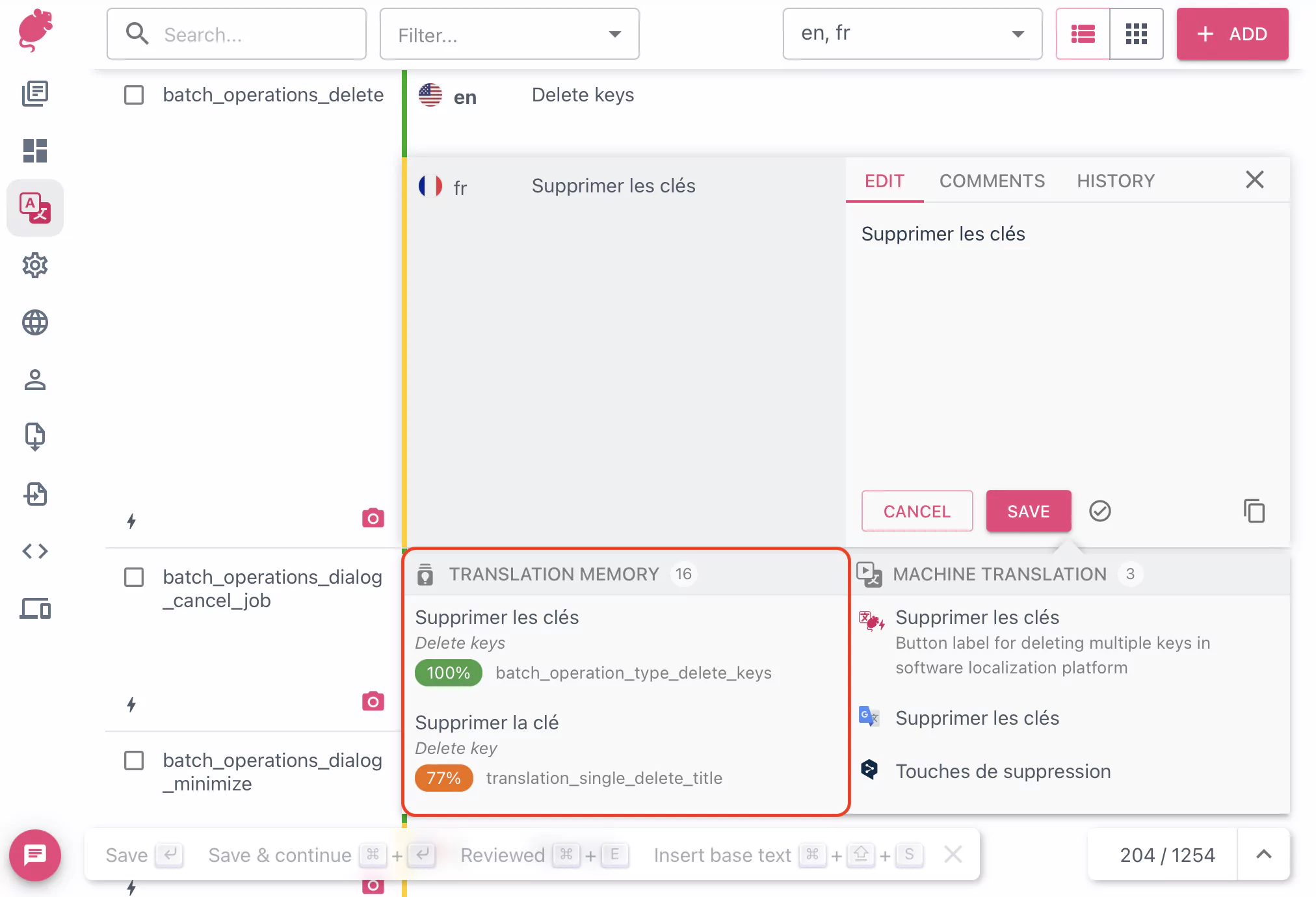 Translation memory matches in the editor